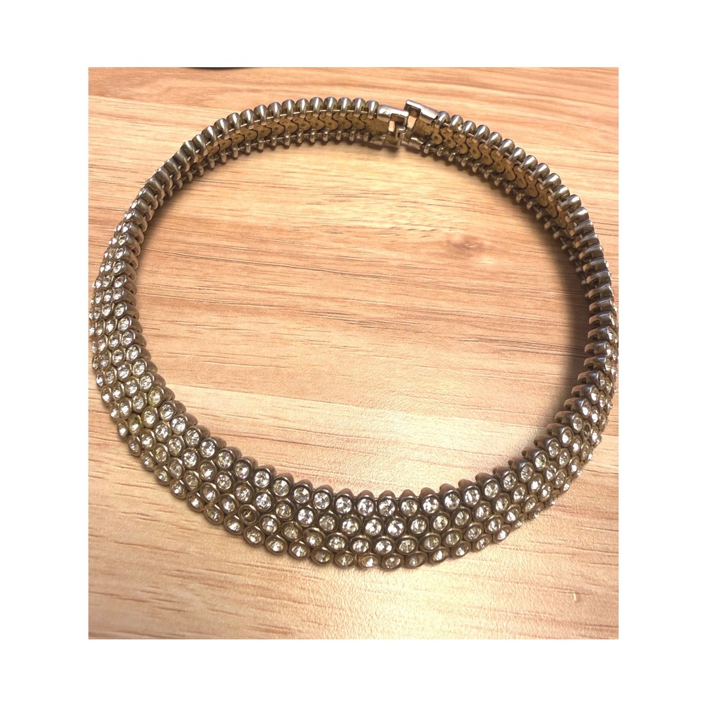 Vintage 4 Row Rhinestone Collar Necklace Silver Tone Wide Choker Statement